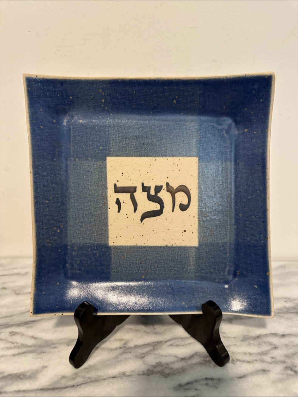 Blue Ceramic Matzah Plate with Hebrew Text Michael Ben Yosef